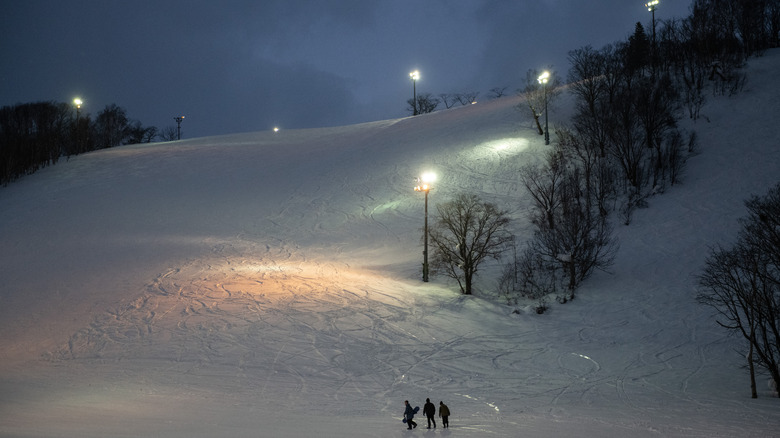 Illuminated ski slope at night