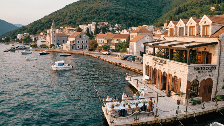 Beige buildings on Tivat at the Bay of Kotor, Montenegro.