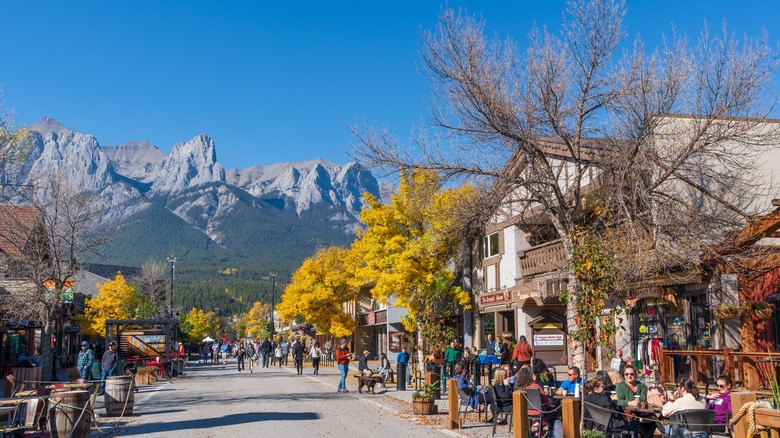 beautiful view of people at canmore downtown street, canada