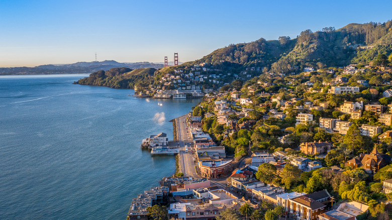 an aerial view of Sausalito with the Golden Gate Bridge in the background in California