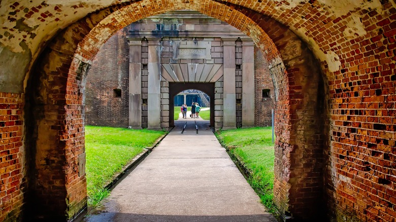A postern tunnel leads to a sally port in Fort Morgan, a National Historic Landmark in Alabama