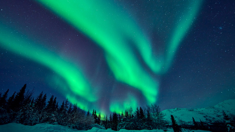 A snowy landscape at night with Northern Lights