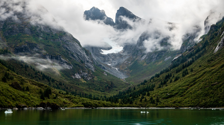Alaskan waterway nestled between foggy alpine peaks