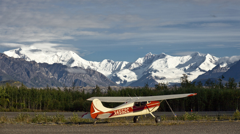 an aircraft sits at McCarthy Airfield in Wrangell-St. Elias National Park and Preserve in Alaska