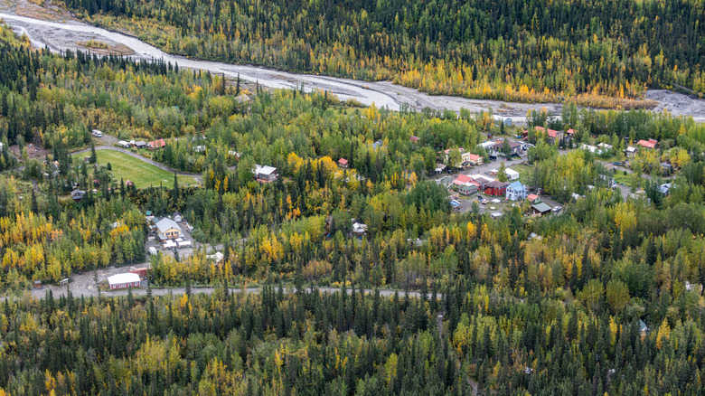 a view looking down on McCarthy in Alaska