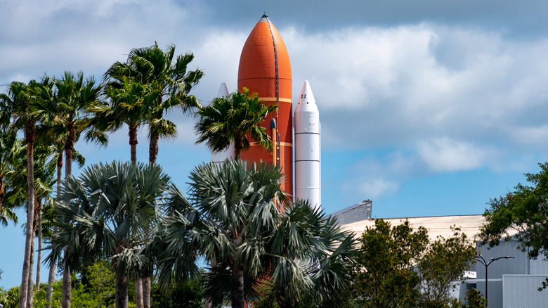 Florida palm trees obscuring shuttle rocket at Kennedy