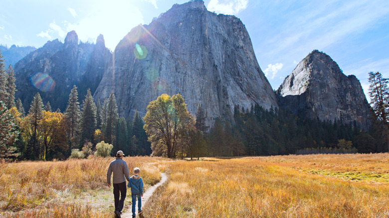 adult and child hiking Yosemite