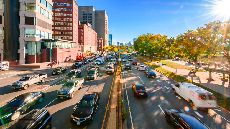 Cars fill a busy street during rush hour in Boston.