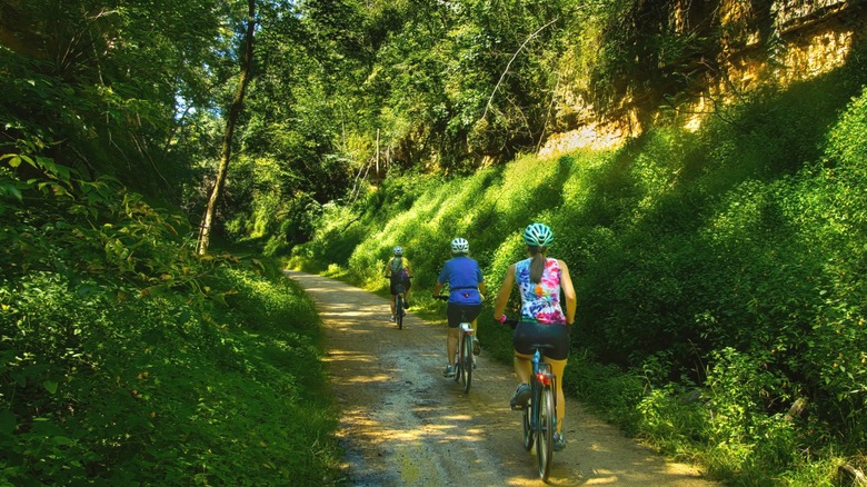 three cyclists on the Elroy-Sparta State Trail in Wisconsin