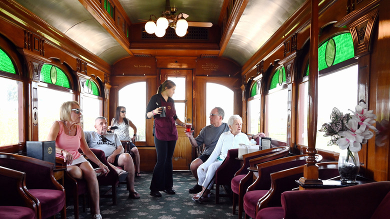 Inside one of the first class carriages on the Strasburg Rail Road in Pennsylvania.