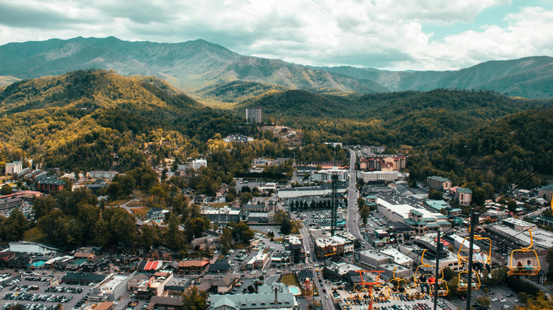 Aerial view of mountains over Pigeon Forge, Tennessee
