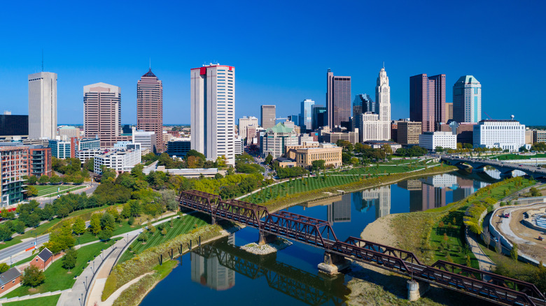 A trestle bridge leads into Columbus, Ohio