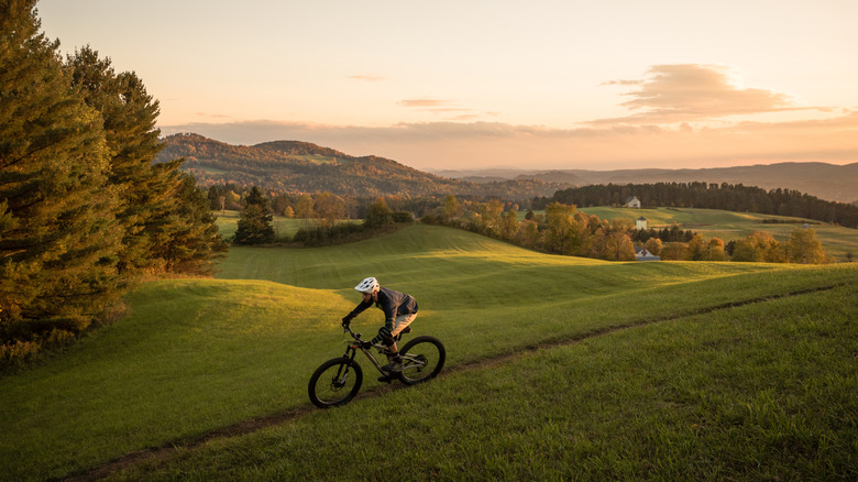 A mountain biker rides down single track in Vermont