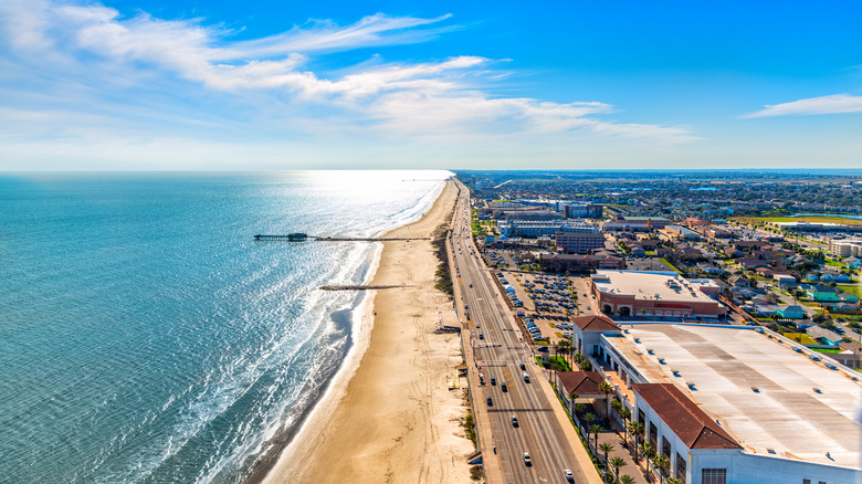 aerial view over beach and Galveston Island Texas