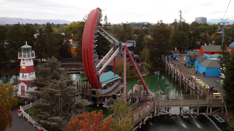 aerial view of rides at California's Great America amusement park