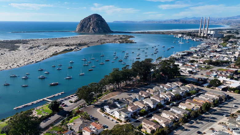 Aerial view of the streets and coast around Morro Bay, California