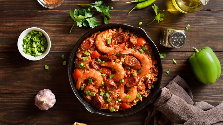 A frypan full of jambalaya, a New Orleans staple