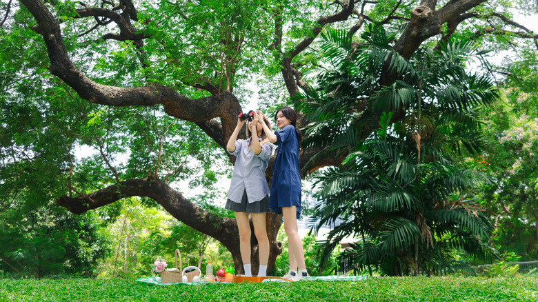 two women at park picnic using binoculars
