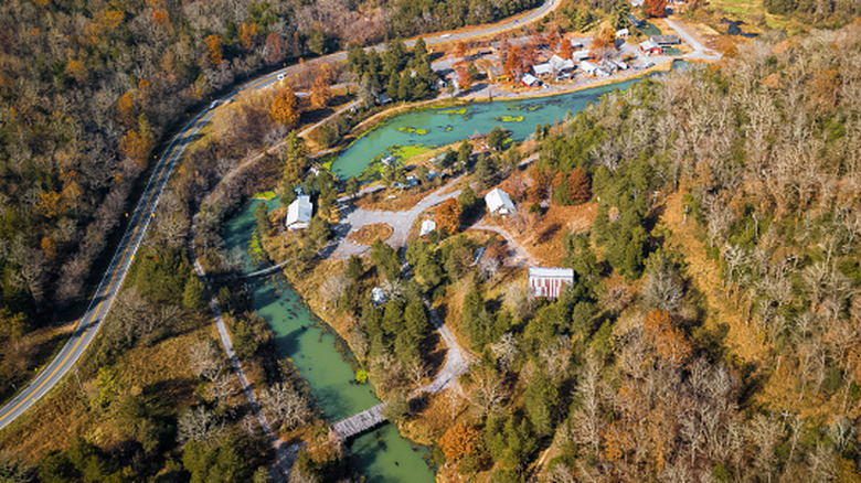 An aerial shot of the abandoned Dogpatch USA theme park in Marble Falls, Arkansas