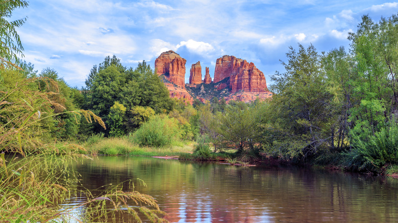 view of river and cathedral rock in Sedona, Arizona