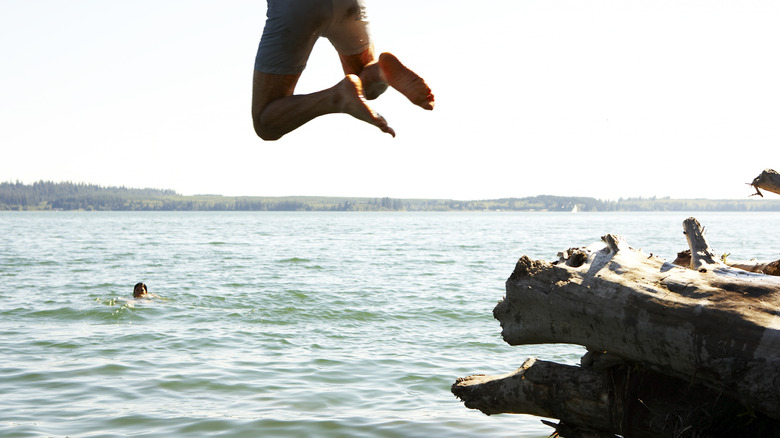 People diving into lake