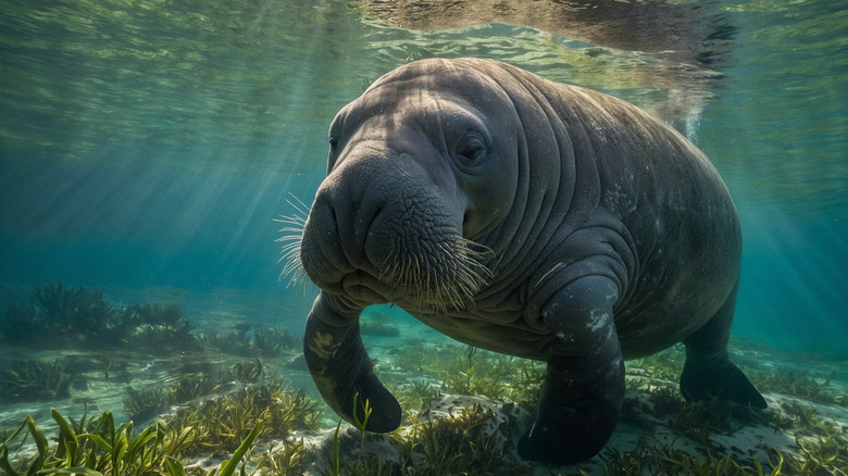 Close-up shot of a manatee, underwater at Crystal River, Florida