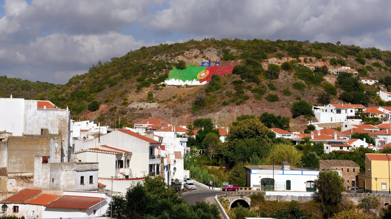 Small village in Portugal with flag painted on backdrop mountain