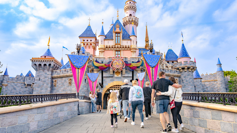 People walking up to Sleeping Beauty's castle at Disneyland.