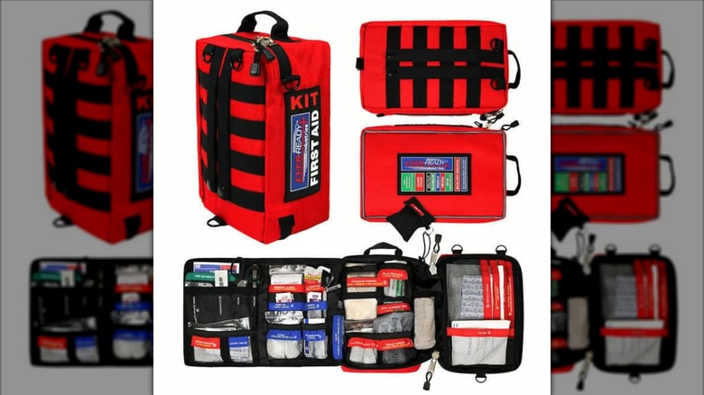 Ever-Ready first aid kit from various angles, with one open to show items inside
