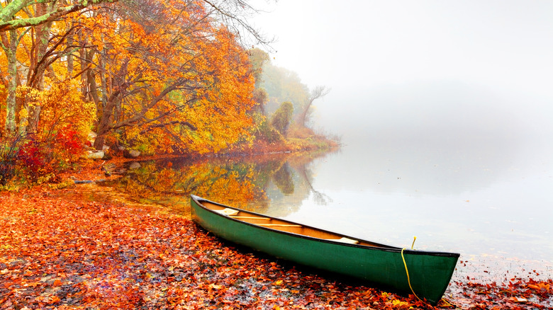canoe by lake in fall