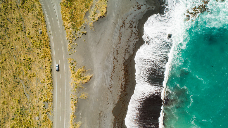 aerial view of black sand beach