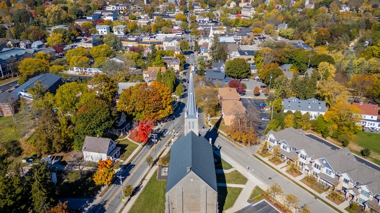an aerial view of downtown Cedarburg in Wisconsin