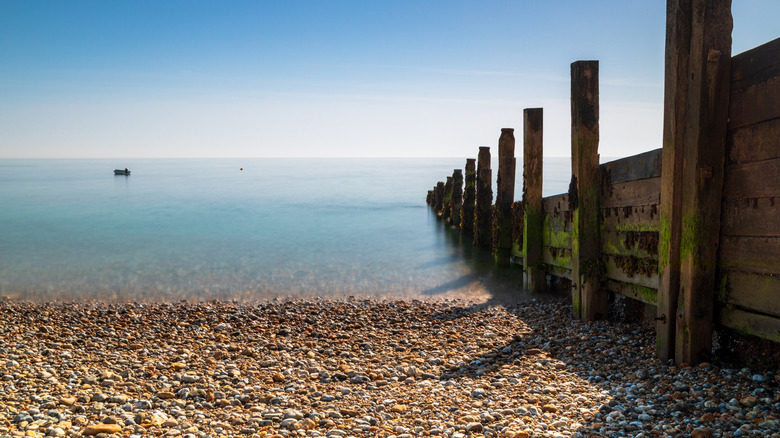 A tranquil coastal scene featuring a pebble beach and a weathered wooden breakwater stretching into still blue waters
