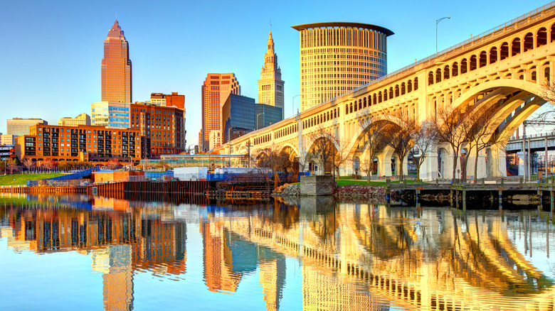 Cleveland skyline reflected in water