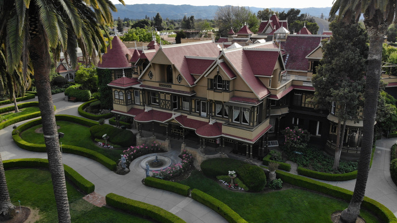 Winchester Mystery House aerial palm trees