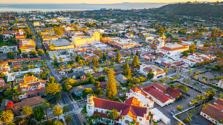 Santa Barbara cityscape at golden hour with coast in the background