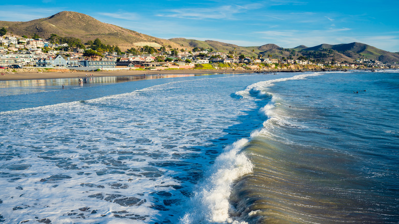 Cayucos State Beach with a mountain peak in the background.
