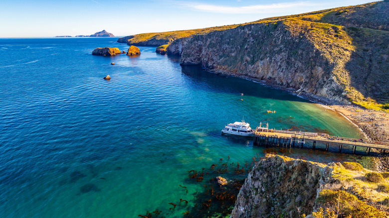 Cruise boat docked at Scorpion Anchorage on Santa Cruz Island.
