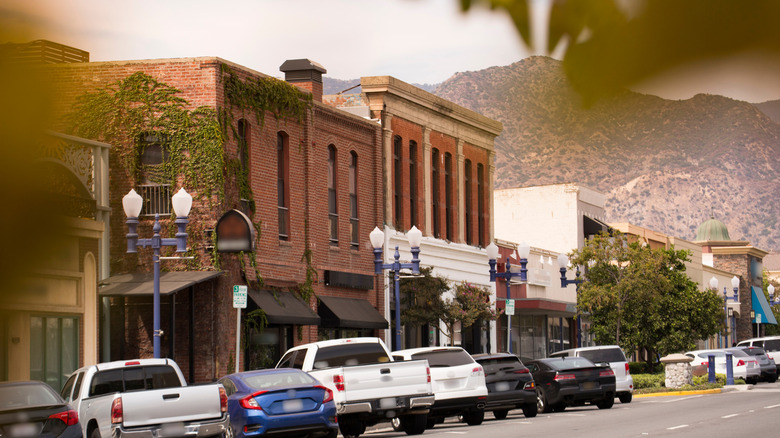 Charming downtown Azusa with the San Gabriel Mountains behind