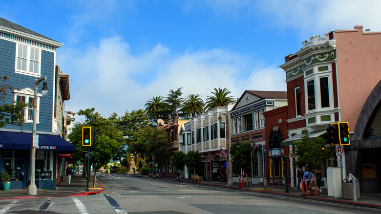 Picturesque Sausalito, California downtown street lined with historic buildings and boutique shops