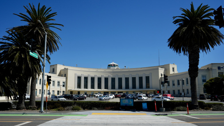 The former airport terminal and now the Gold Bar Distillery on Treasure Island, California