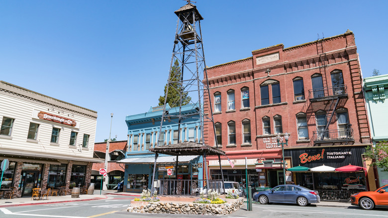 Historic Placerville, red brick building and metal tower