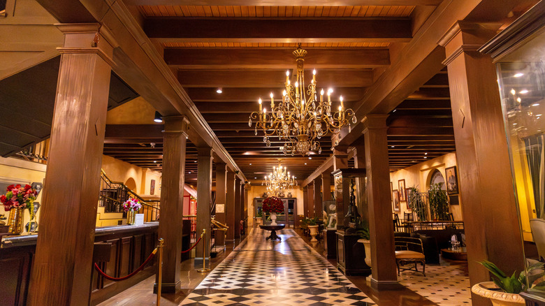 The interior lobby space of the Mission Inn in Riverside, California.