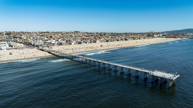 An aerial view of Hermosa Beach pier in California