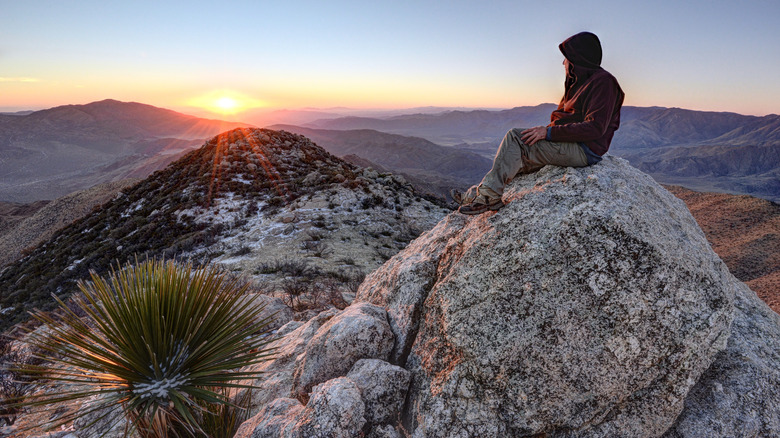 A hiker watches the sunrise at Anza-Borrego Desert State Park, California