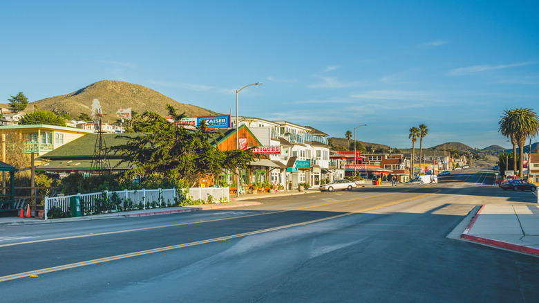 The main street lined with shops and restaurants in Cayucos, San Luis Obispo County, California