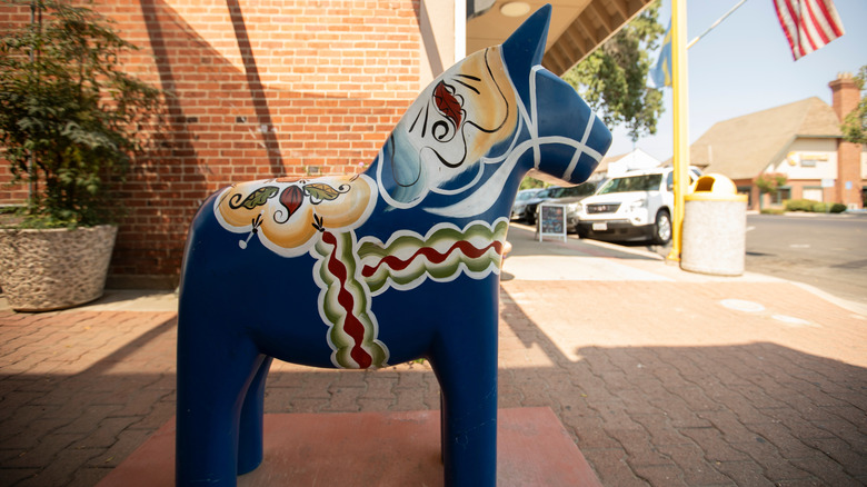 a brightly painted Dala horse in downtown Kingsburg in Fresno County, California