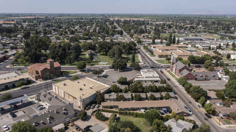 an aerial view of Kingsburg and its historic church in Fresno County, California