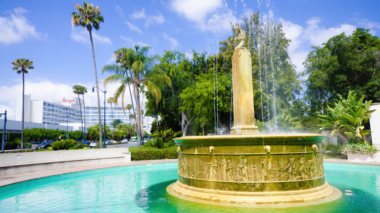A fountain at Wilshire and Santa Monica Boulevards in Beverly Hills, near where Aman Beverly Hills is expected to be built.