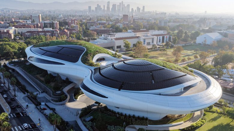 The Lucas Museum of Narrative Art building against the LA skyline.